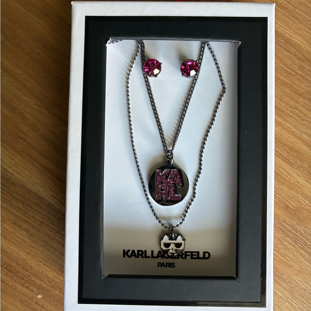 Karl Lagerfeld Pink Pendant Necklace and Earrings Set
